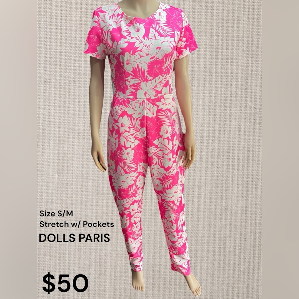 DOLLS Paris Pink and White Stretch Jumpsuit with Pockets